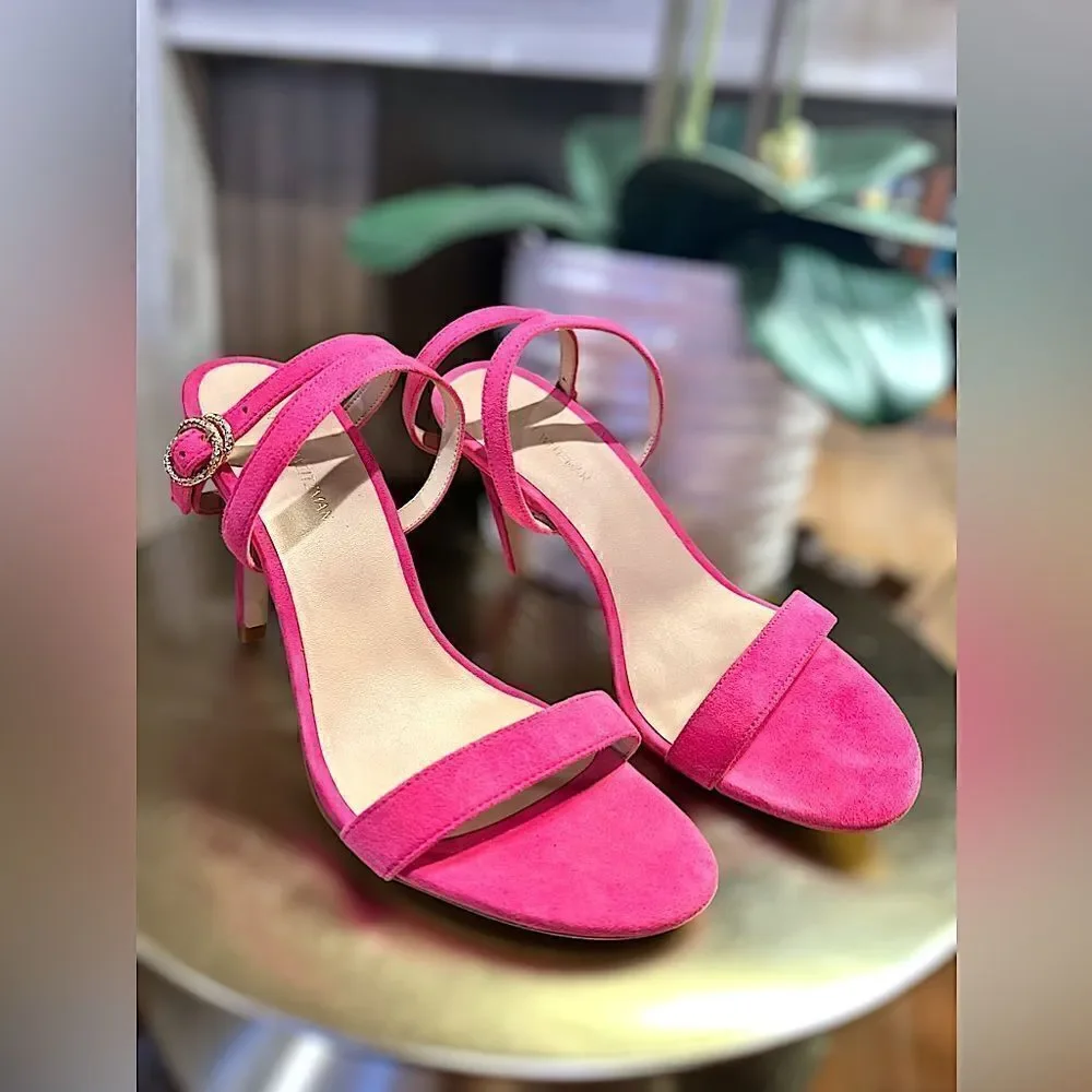 Stuart Weitzman Crystal Buckle 95 Suede Sandal Heels Size 8.5